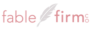 The logo for 'fable firm' features the word 'fable' in lowercase pink letters, a stylized gray feather in the center, and 'firm' in matching pink lowercase letters on the right, all on a plain white background.